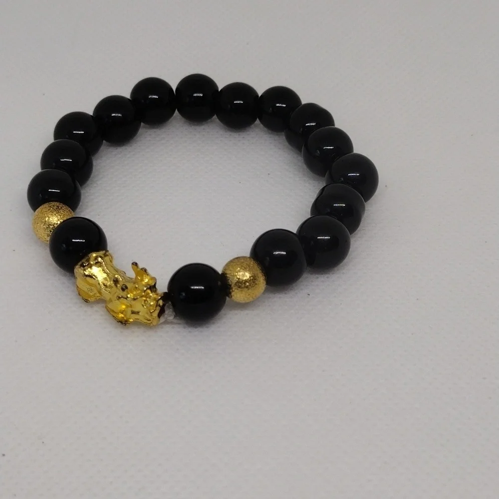 Feng Shui Black Obsidian & Gold Pixiu Wealth Luck Bracelet | Unisex Stretch